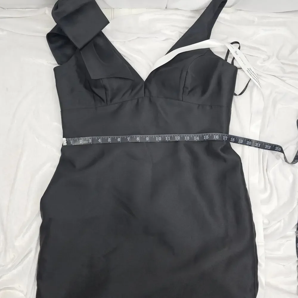 Alfred Sung Black Satin Shoulder Bow Trumpet Formal Dress Women's Size 16R NWT - Picture 14 of 16